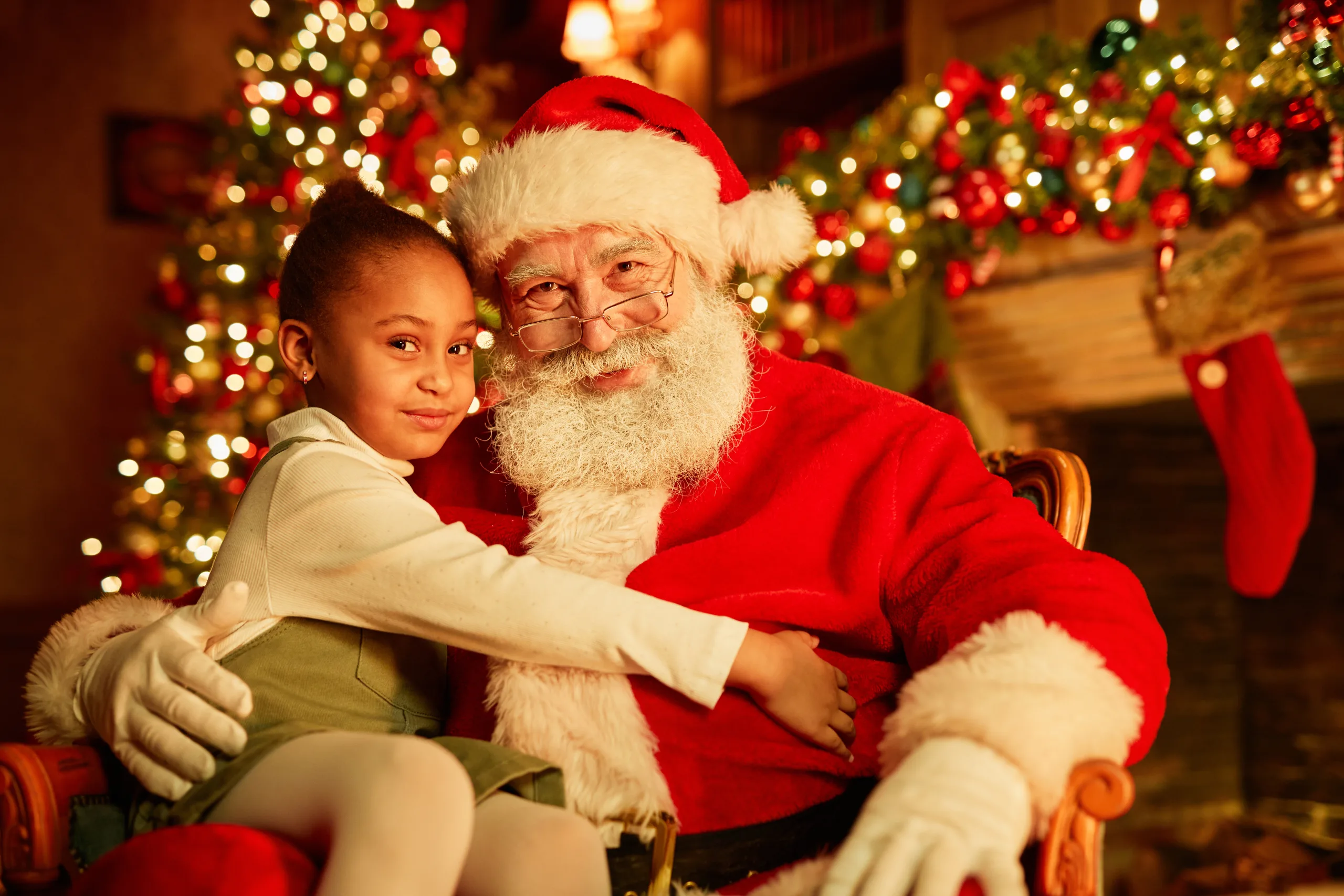 Santa’s Coming to The Graceful Geese Mercantile! Portrait of smiling traditional Santa Claus with cute little girl sitting in his lap by Christmas tree