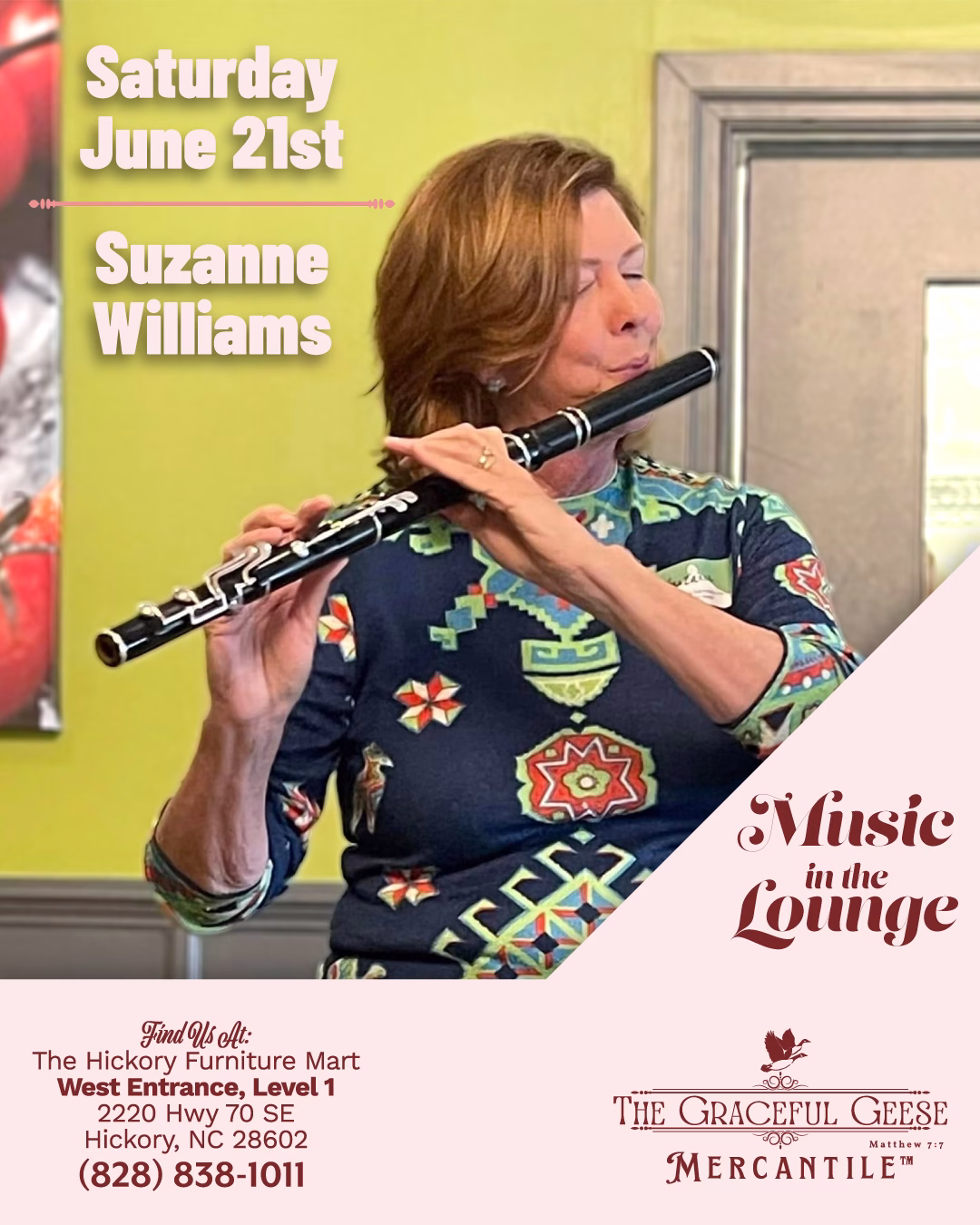Suzanne Williams: Four Flutes, Endless Charm 1 Certified Suzuki flute teacher and Hickory favorite Suzanne Williams brings her collection of concert, alto, and Irish flutes — plus a pocketful of whistles — for two enchanting mid-day sets. Expect a fresh breeze of classical, Celtic, sacred, folk, and old-time tunes… and maybe a story or two from her days with Western Piedmont Chamber Orchestra, Puddingstone, Soula, and more. Take a break, grab a latte, and soak in the music. Seating is cozy and first-come-first-served. 🎟 Free & family-friendly (Love what you hear? Tip the artist!)